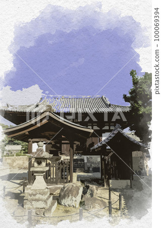 Watercolor style Taima-ji stone lantern Katsuragi City, Nara Prefecture 100069394