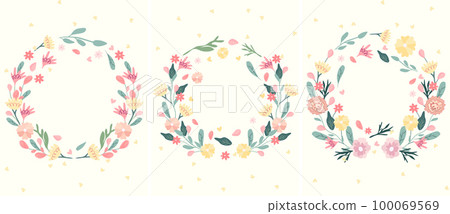 Bright cards with floral wreaths and space for text. Colorful flowers and hearts around. Minimalist compositions are ideal for invitations, postcards, banners, weddings. Vector illustration 100069569