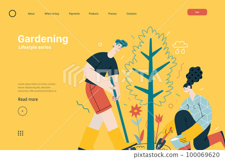 Lifestyle website template - Gardening - modern flat vector illustration of a man and a woman digging and fertilizing a tree. Planting and care gardening activity. People activities concept Lifestyle website template - Gardening - modern flat vector illustration of a man and a woman digging and fertilizing a tree. Planting and care gardening activity. People activities concept 100069620