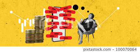 Online betting sports game. Man sitting near big phone screen and watching online sports broadcast. Virtual sports with betting person, live bet application service. Contemporary art collage, design 100070064