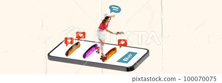 Online food delivery concept. Everyone can order cakes via mobile application. Waitress running with pastry tray on smartphone screen with spreading of bakery and cakes. 100070075