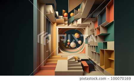 abstract minimalistic geometric shapes scene, neural network generated art. 100070169