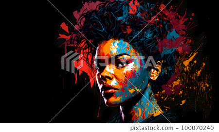 nonexistent african american woman portrait in mixed color splashes on black background, neural network generated art 100070240