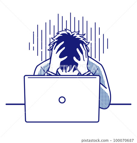 一個沮喪的人在電腦前抱著頭 100070687