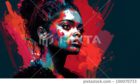 nonexistent african american woman portrait in mixed color splashes on black background, neural network generated art 100070733