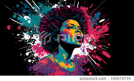 nonexistent african american woman portrait in mixed color splashes on black background, neural network generated art 100070734