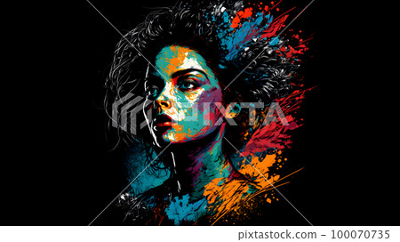 nonexistent african american woman portrait in mixed color splashes on black background, neural network generated art 100070735