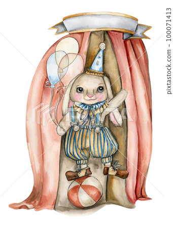 Watercolor hand drawn circus bunny vintage style.Perfect for wedding, invitations, blogs, card templates, birthday and baby cards, patterns, quotes. isolater on white background. Cute circus animals . 100071413