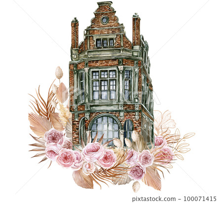 Watercolor composition of an old wooden farm house and pink flower . Hand drawn illustration with watercolour on a white background. Perfect for wedding invitation, greetings card. 100071415