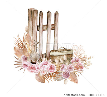 Watercolor composition of an old wooden fence and pink flower  . Hand-drawn illustration with watercolour on a white background. Perfect for wedding, invitations, blogs, card templates, birthday . 100071418