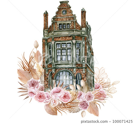 Watercolor composition of an old wooden farm house and pink flower . Hand drawn illustration with watercolour on a white background. Perfect for wedding invitation, greetings card. Watercolor composition of an old wooden farm house and pink flower . Hand drawn illustration with watercolour on a white background. Perfect for wedding invitation, greetings card. 100071425