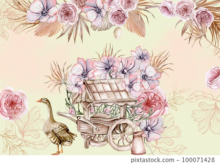 Watercolor composition of an old wooden cart and pink flower with goose . Hand-drawn illustration with watercolour on a white background.Perfect for wedding invitation, greetings card. Watercolor composition of an old wooden cart and pink flower with goose . Hand-drawn illustration with watercolour on a white background.Perfect for wedding invitation, greetings card. 100071428