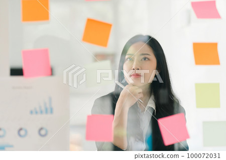 The concept of brainstorming is exemplified as a businesswoman shares ideas using Post-it notes, which she places on a glass wall. 100072031