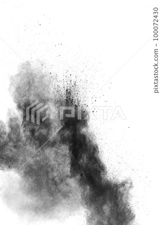 Black powder dust splashing.Black particles splattered on white background. 100072430