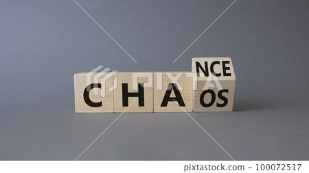 Chance vs Chaos symbol. Turned wooden cubes with words Chaos and Chance. Beautiful grey background. Psychology and Chance vs Chaos concept. Copy space Chance vs Chaos symbol. Turned wooden cubes with words Chaos and Chance. Beautiful grey background. Psychology and Chance vs Chaos concept. Copy space 100072517
