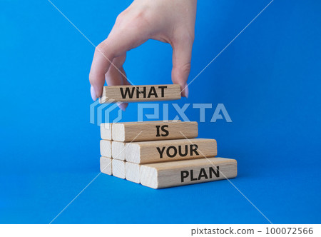 What is your plan symbol. Concept words What is your plan on wooden blocks. Beautiful blue background. Businessman hand. Business and What is your plan concept. Copy space What is your plan symbol. Concept words What is your plan on wooden blocks. Beautiful blue background. Businessman hand. Business and What is your plan concept. Copy space 100072566