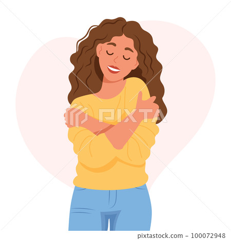 Love yourself. Nice young woman hugging herself. Love your body concept. Flat style illustration, vector Love yourself. Nice young woman hugging herself. Love your body concept. Flat style illustration, vector 100072948