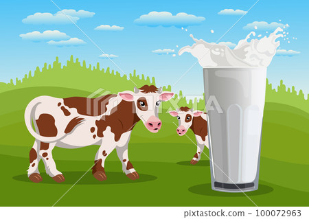 Spotted cows in the meadow and a glass with milk splash, landscape. Poster, banner, illustration, vector 100072963