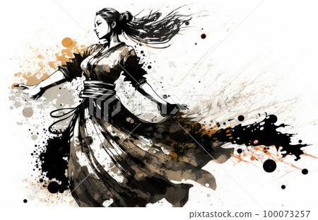 Beautiful woman in ink painting dancing splendidly 100073257