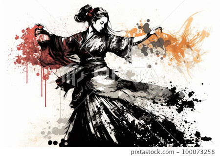 水墨畫美女翩翩起舞 100073258