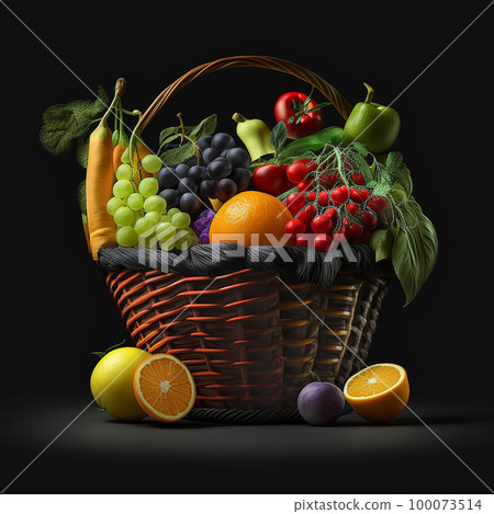 Basket with fresh appetizing bright colorful vegetables and fruits isolated on black background, natural bio products, for shop advertising banners, package design 100073514