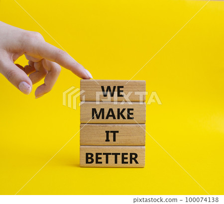We make it better symbol. Wooden blocks with words We make it better. Beautiful yellow background. Businessman hand. Business and We make it better concept. Copy space. We make it better symbol. Wooden blocks with words We make it better. Beautiful yellow background. Businessman hand. Business and We make it better concept. Copy space. 100074138