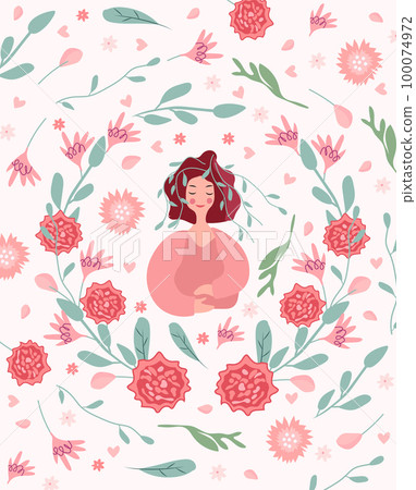 Bright illustration with a cute woman in a flower wreath. Colorful flowers, swallowtails and hearts all around. Cute compositions are ideal for invitations, cards, banners, Mothers Day. Vector 100074972