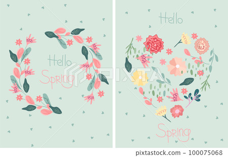 A bright composition with spring flowers, green leaves and the inscription Hello spring. Spring flowering.Ideal for greeting cards, cards, banners, posters. Vector graphics. 100075068