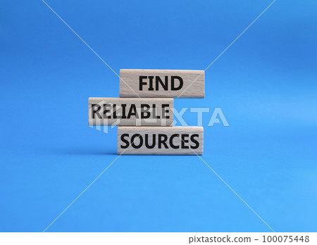 Find reliable sources symbol. Wooden blocks with words Find reliable sources. Beautiful blue background. Business and Find reliable sources concept. Copy space. 100075448
