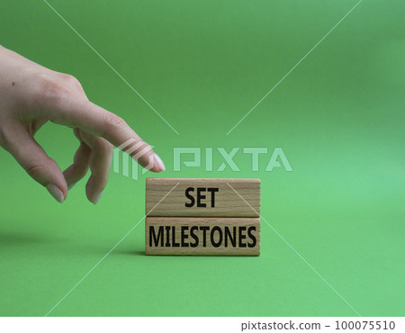 Set milestones symbol. Concept word Set milestones on wooden blocks. Beautiful green background. Businessman hand. Business and Set milestones concept. Copy space 100075510