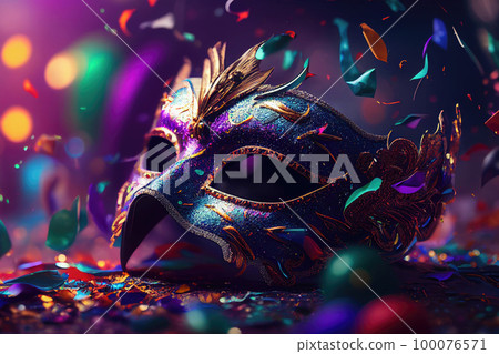 Carnival mask at abstract colorful background. Festive traditional mask for entertainment party with sparkles and confetti. Created with Generative AI 100076571