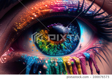 Woman eye with rainbow pupil and bright colored makeup. Created with Generative AI 100076573