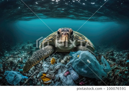 Ocean pollution concept. Turtle under water in sea and plastic waste. Problem in environmental system. Created with Generative AI Ocean pollution concept. Turtle under water in sea and plastic waste. Problem in environmental system. Created with Generative AI 100076591