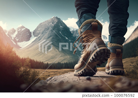 Hiking boots in mountain landscape. Close up of tourist standing on the ground in trekking boots. Adventures and discoveries in nature, active recreation. Created with Generative AI Hiking boots in mountain landscape. Close up of tourist standing on the ground in trekking boots. Adventures and discoveries in nature, active recreation. Created with Generative AI 100076592