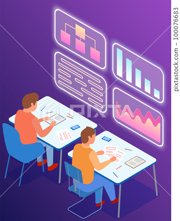 Employees analyze statistical indicators, business data. Characters work with marketing research 100076683