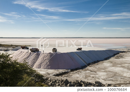 Trucks unloading raw salt bulk, Salinas Grandes de Hidalgo, La Pampa, Argentina. Trucks unloading raw salt bulk, Salinas Grandes de Hidalgo, La Pampa, Argentina. 100076684