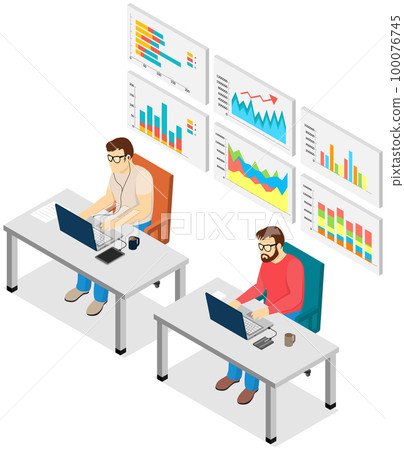 Employees analyze statistical indicators, business data. Characters work with marketing research 100076745