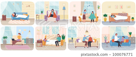People with flu on self-isolation in apartment. Set of illustrations on theme of home treatment 100076771