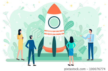 People look at new rocket before launch. Business startup concept. Entrepreneurs create project 100076774
