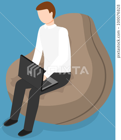 Man is holding computer device typing on keyboard. Guy sitting in bag chair with laptop in hands Man is holding computer device typing on keyboard. Guy sitting in bag chair with laptop in hands 100076828