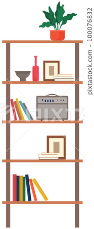 Books, potted grass, vase, mirror on shelves of ambry. Wooden cabinet or rack with decorations Books, potted grass, vase, mirror on shelves of ambry. Wooden cabinet or rack with decorations 100076832