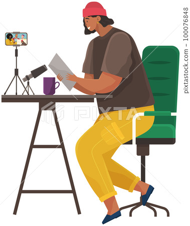 Podcaster talking to microphone, communicating, podcasting, broadcasting live, recording video 100076848