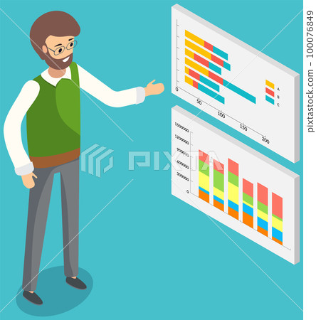Employees analyze statistical indicators, business data. Characters work with marketing research Employees analyze statistical indicators, business data. Characters work with marketing research 100076849