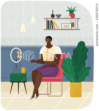 Woman is talking using phone. African american girl communicates with friend via video call 100076914