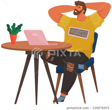 Happy man chilling on his working place. Relaxed guy sitting on chair feeling satisfied from work Happy man chilling on his working place. Relaxed guy sitting on chair feeling satisfied from work 100076955