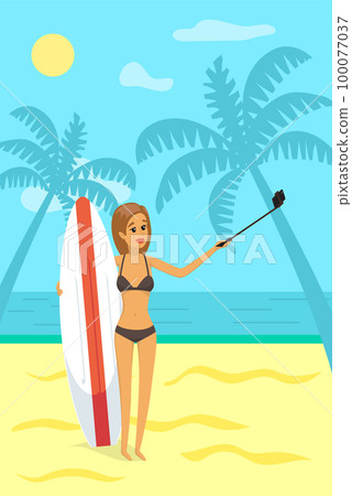Woman with surfboard is making selfie. Girl surfing and posing for self portrait on summer vacation Woman with surfboard is making selfie. Girl surfing and posing for self portrait on summer vacation 100077037