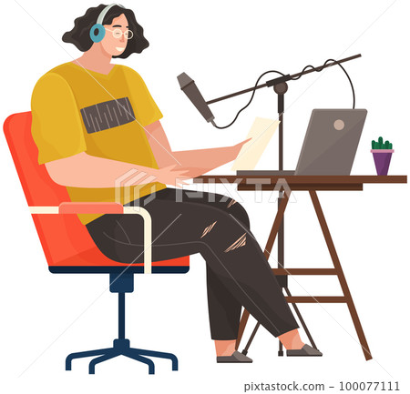 Podcaster talking to microphone recording podcast. Person works at radio station, broadcasts live 100077111