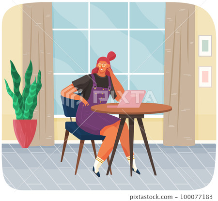 Office woman at desk with tablet pc. Businesswoman working at her table, student studying remotely 100077183