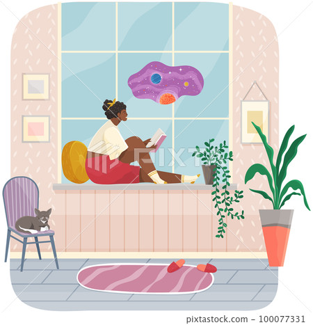 Young woman sitting on windowsill at home looking out window, relaxing reading book, rest after work 100077331