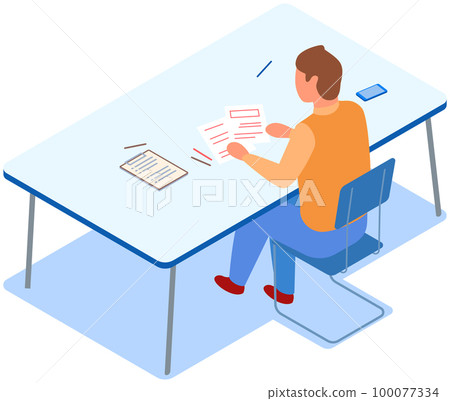Man sits at table and works with text on clipboard. Male character at workplace is doing paperwork Man sits at table and works with text on clipboard. Male character at workplace is doing paperwork 100077334